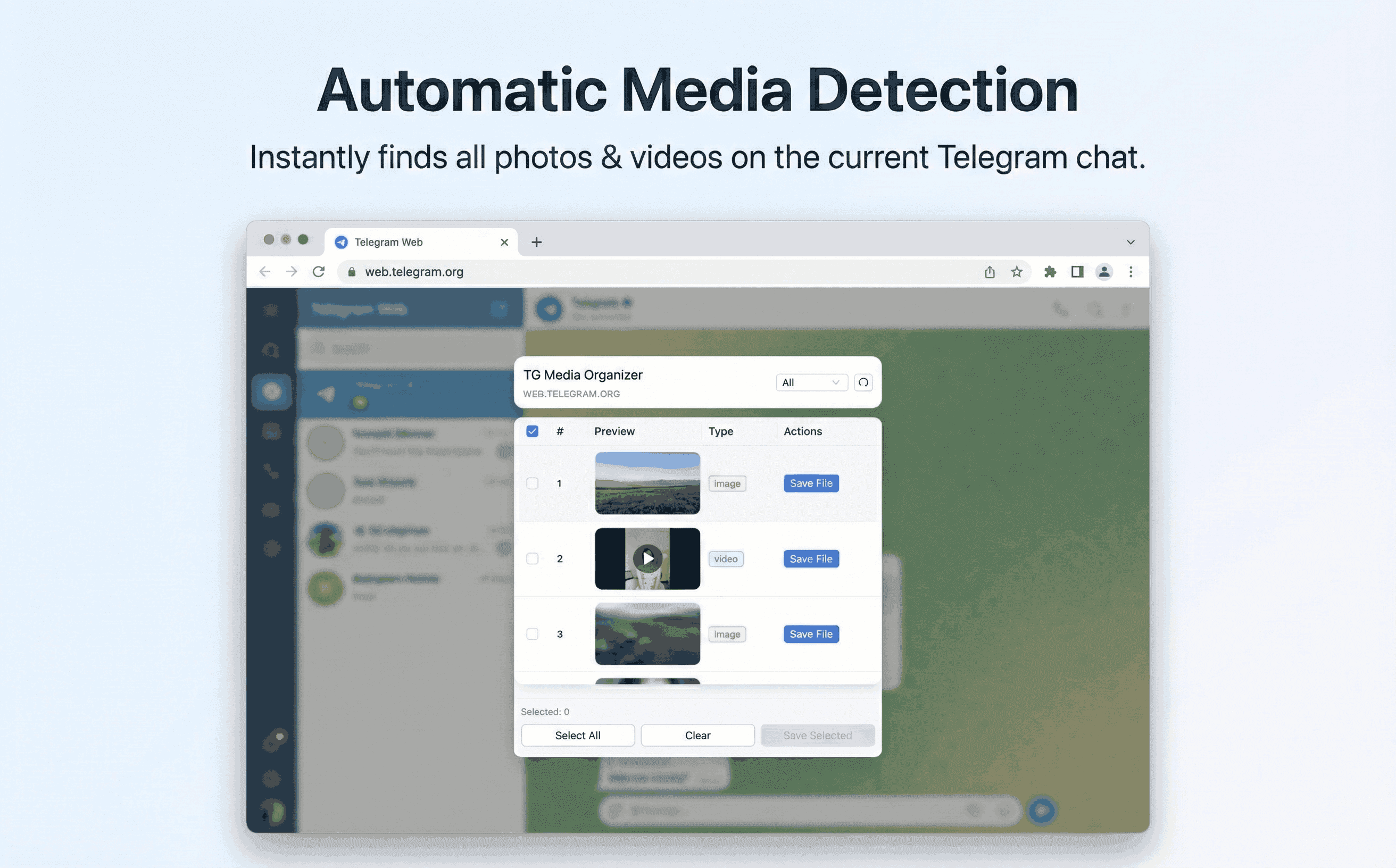 Telegram channel backup view with media filters